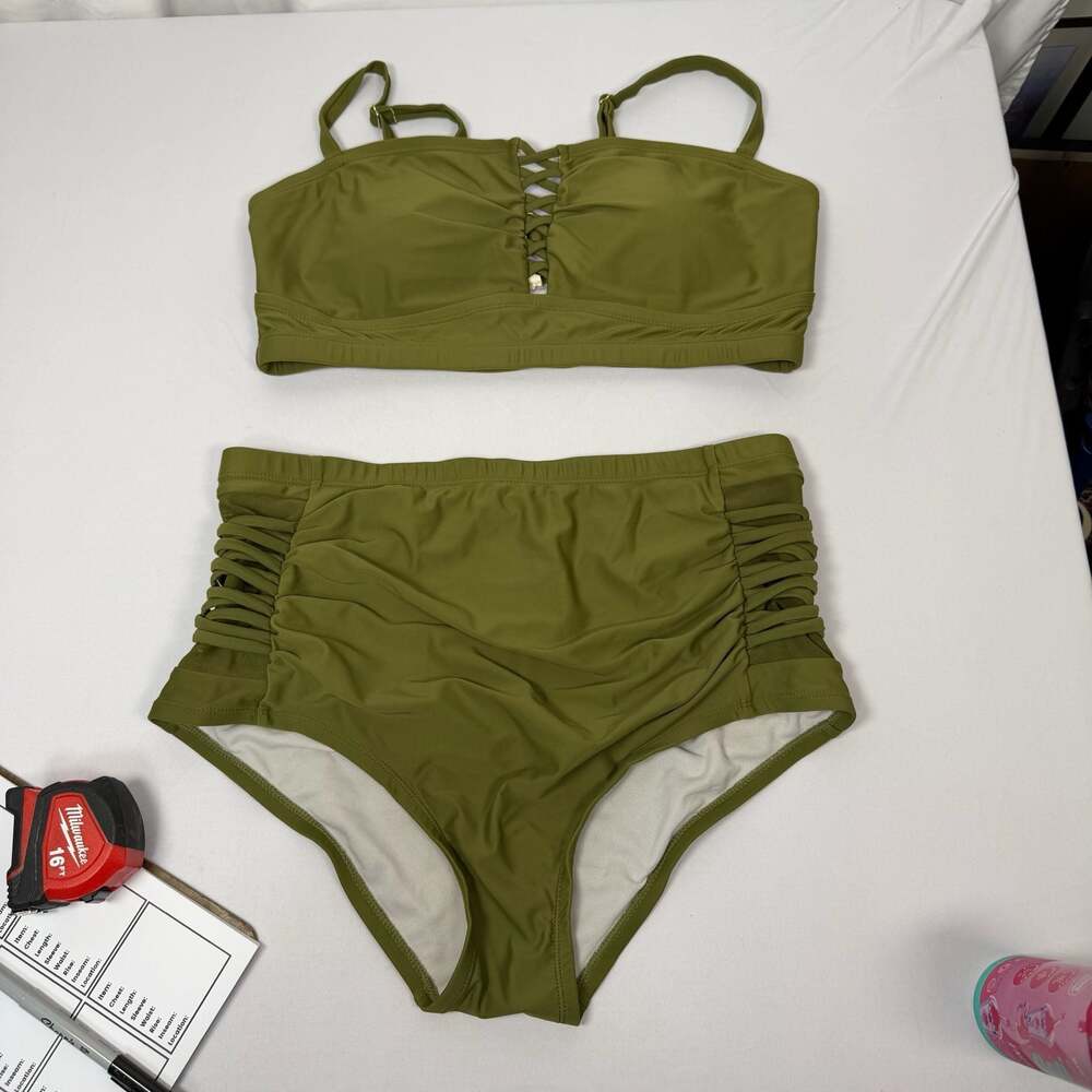 Yomoko Olive Green High-Waisted Lace-Up Bikini Set Size L - Picture 1 of 8